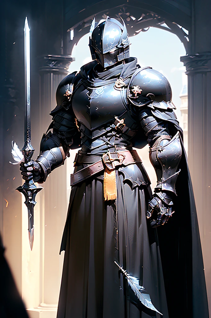 (masterpiece; best quality: 1.2), ((full armored knight man)), ((solo)), (black eyes: 1.4), (body; toned, lean, masculine: 1.3), (beautiful and clear background: 1.2), ((depth of field)), (equipment: all-dark realistic plate armor + closed helmet with feather + black cape + black crusader surcoat : 1.3), (anime illustration: 1.2), (background composition; royal chambers + furniture: 1.1), (extremely fine and handsome: 1.1), (shot composition; standing + centered on torso + close-up: 1.5)