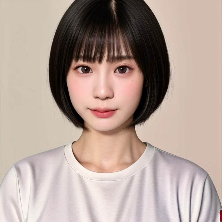 (kawaii 24 year-old Japanese girl, Nogizaka idol, Korean idol, judo player), healthy female athlete body, (glossy black hair, short hair, pixie cut, bangs:1.3), (rounded face, beautiful black eyes, single eyelid, no makeup, serious expression:1.2), (wearing white judo wrestling uniform, crew neck t-shirt:1.3), extra small breasts, BREAK, (plain white background:1.2), (facing straight at camera, id photo, bust shot:1.2), BREAK, (masterpiece, best quality, photo realistic, official art:1.4), (UHD, 8K quality wallpaper, high resolution, raw photo, golden ratio:1.3), (shiny skin), professional lighting, physically based rendering, award winning, (highly detailed skin, extremely detailed face and eyes), Carl Zeiss 85 mm F/1.4, depth of field, 1girl, solo,