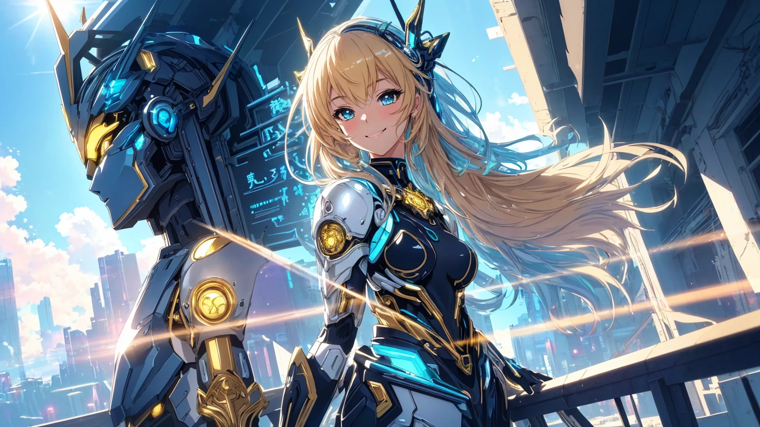 Cute character, Anime character, Ultra detailed anime illustration of beautiful woman, cyborg, cyberpunk, golden filigree, intricate motif, sunlight, smiling face, blushing, loving gaze, light blue, full body pose, ultra detailed posture, fantasy, fantasy environment, anime style, she stand in the top of the high building, bright colors, CMYK colors, backlighting, misty light, highly detailed, grandeur and awe, cinematic, stunning visual masterpiece, double exposure, best quality, 32k