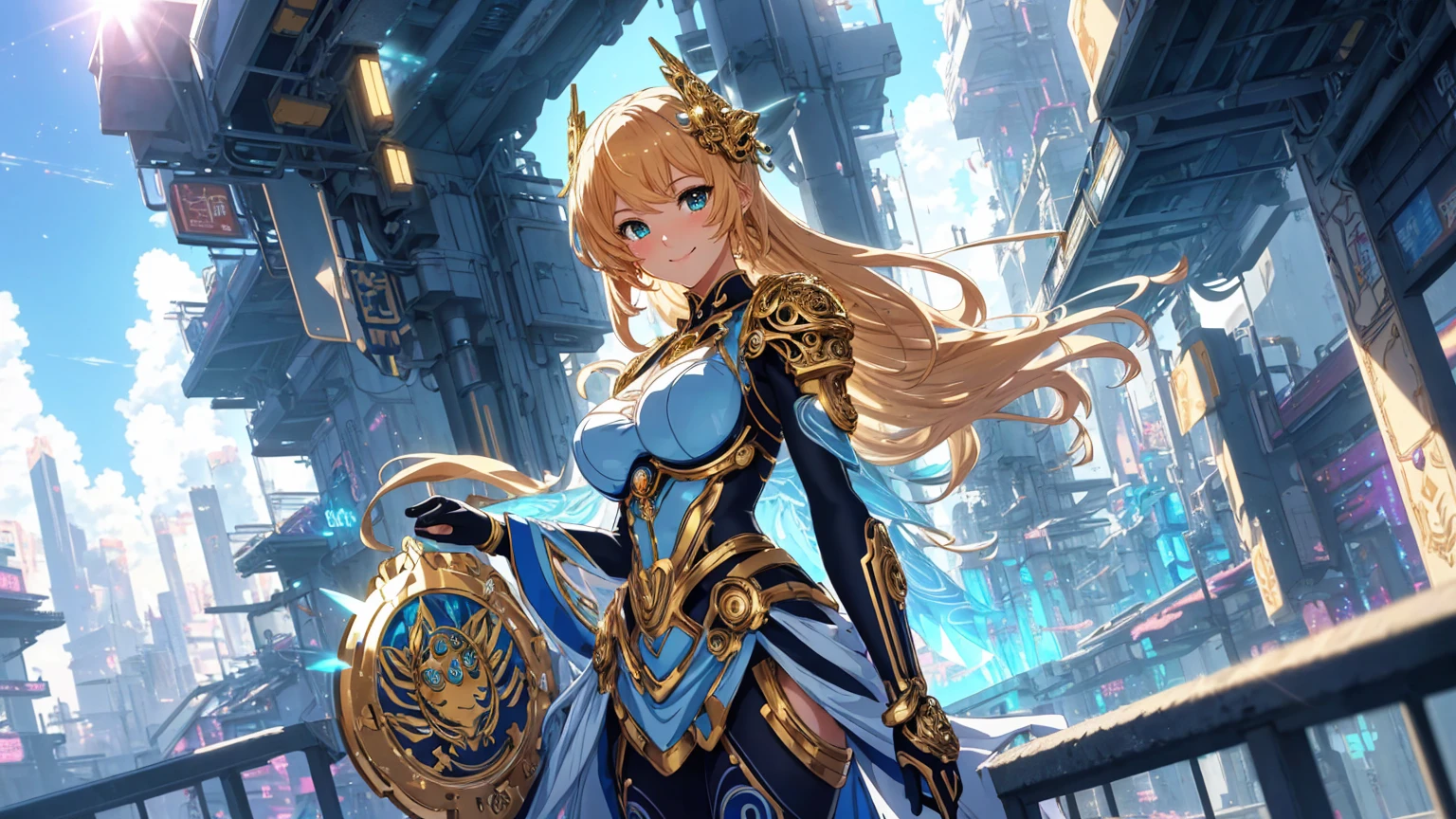 Cute character, Anime character, Ultra detailed anime illustration of beautiful woman, cyborg, cyberpunk, golden filigree, intricate motif, sunlight, smiling face, blushing, loving gaze, light blue, full body pose, ultra detailed posture, fantasy, fantasy environment, anime style, she stand in the top of the high building, bright colors, CMYK colors, backlighting, misty light, highly detailed, grandeur and awe, cinematic, stunning visual masterpiece, double exposure, best quality, 32k
