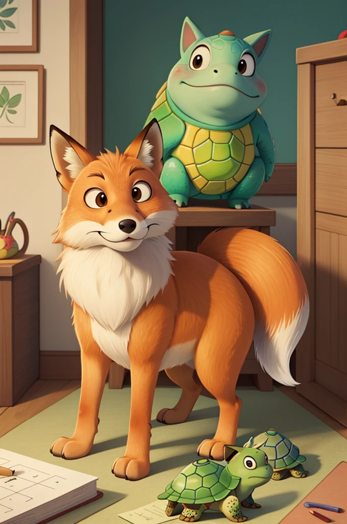 Drawing of a fox and a turtle in pixar style