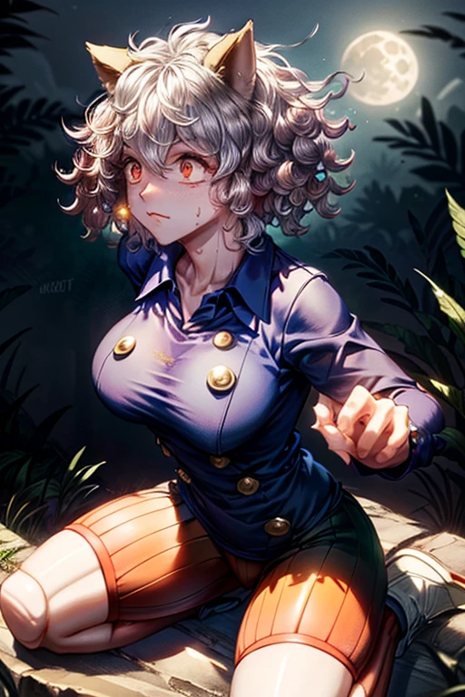 masterpiece, Highest quality,  Unreal Engine,  Super Resolution,  Very detailed, 

Beautiful woman, neferpitou1, cat ears, (cat tail:0.8), 独奏, short hair, red eyes, long sleeves, hair between eyes, :3, curly hair, striped, cat girl, buttons, striped shorts, Vivid expression, Healthy Body, Beautifully detailed sweat glands, Smooth skin texture, Carefully drawn, 

(humidity:1.5), Beautiful Eyes, (Attractive face:1.2), (Beautiful Skin), Tight waist, (Big Breasts), (Sticky with sweat), Dynamic pose, 

In the world of Hunter Hunter, Outdoor, On top of a hill with a great view of the moon,