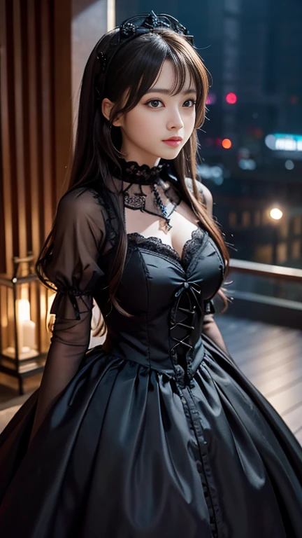 Digital Portrait、Realistic depiction of the human body、RAW Photos、One Girl、Gentle grey eyes、Fuller lipalaise、A large, swaying bust、Shortcuts、(((An elegant black gothic lolita style dress、black gothic dress、Beautiful dress、Super Luxury Dresses)))、Highest quality、Super Resolution、masterpiece:1.5、Medium depth of field、50mmlens、Cinema Lighting、Backlight、Professional Photographer、coastal、 evening