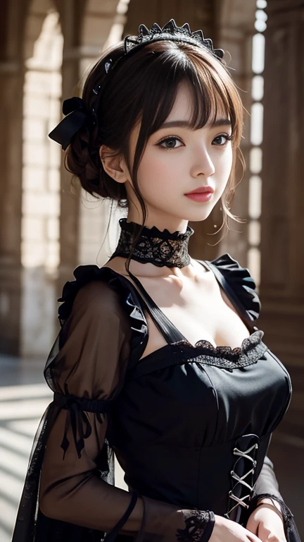 Digital Portrait、Realistic depiction of the human body、RAW Photos、One Girl、Gentle grey eyes、Fuller lipalaise、A large, swaying bust、Shortcuts、(((An elegant black gothic ta style dress、black gothic dress、Beautiful dress、Super Luxury Dresses)))、Highest quality、Super Resolution、masterpiece:1.5、Medium depth of field、50ｍｍlens、Cinema Lighting、Backlight、Professional Photographer、coastal、 evening