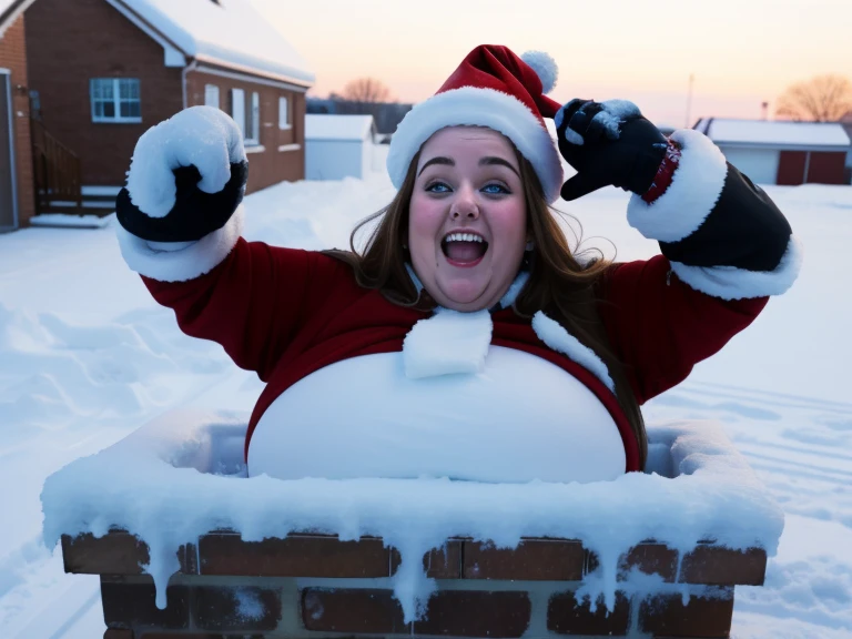 1girl, fat ssbbw British santa girl, stuck in chimney, rooftop, snow, solo, large breasts, laughing, struggling, highres, absurdres, she is being lifted out by her girlfriends, she is fully clothed, sfw