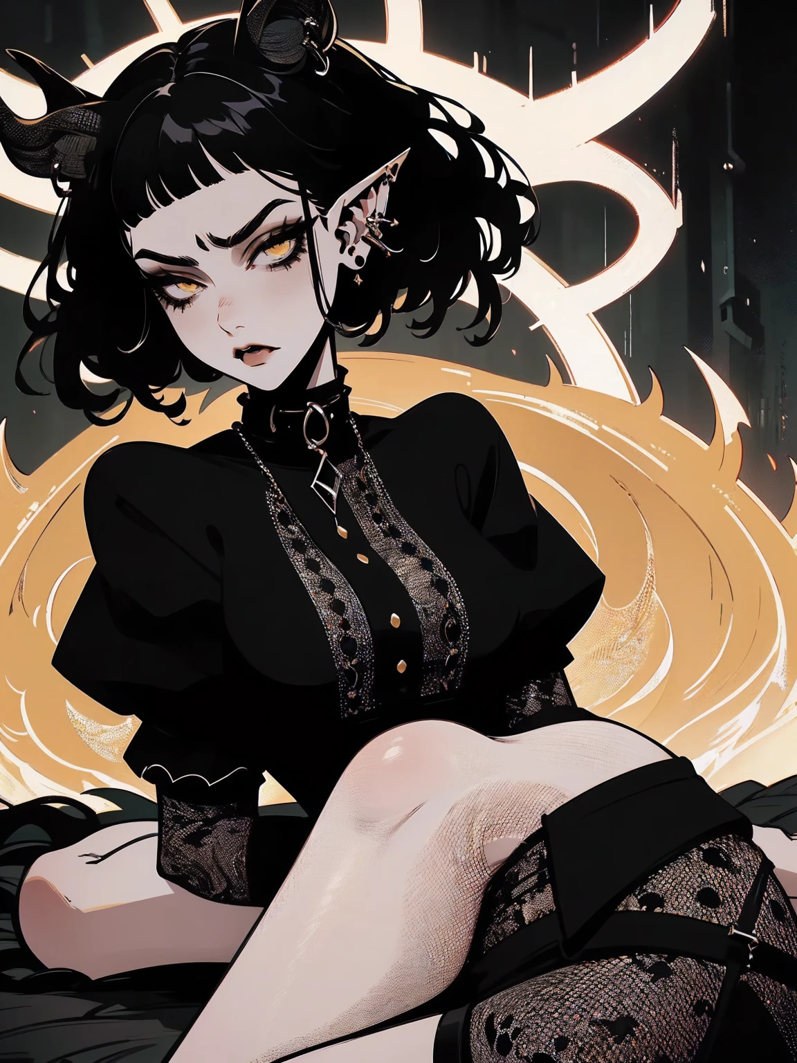 high détail, work of art, dramatic lighting(absurderes, high resolution, ultra detaild), extremely detailed 8k CG unit. mature face, adult Woman, Woman, mature Woman, elf, piercings, Short Wavy Black Hair and Bangs, (black hair), fangs, yellow eyes, modest black clothes, mad expression, whole body, sitting on the ground