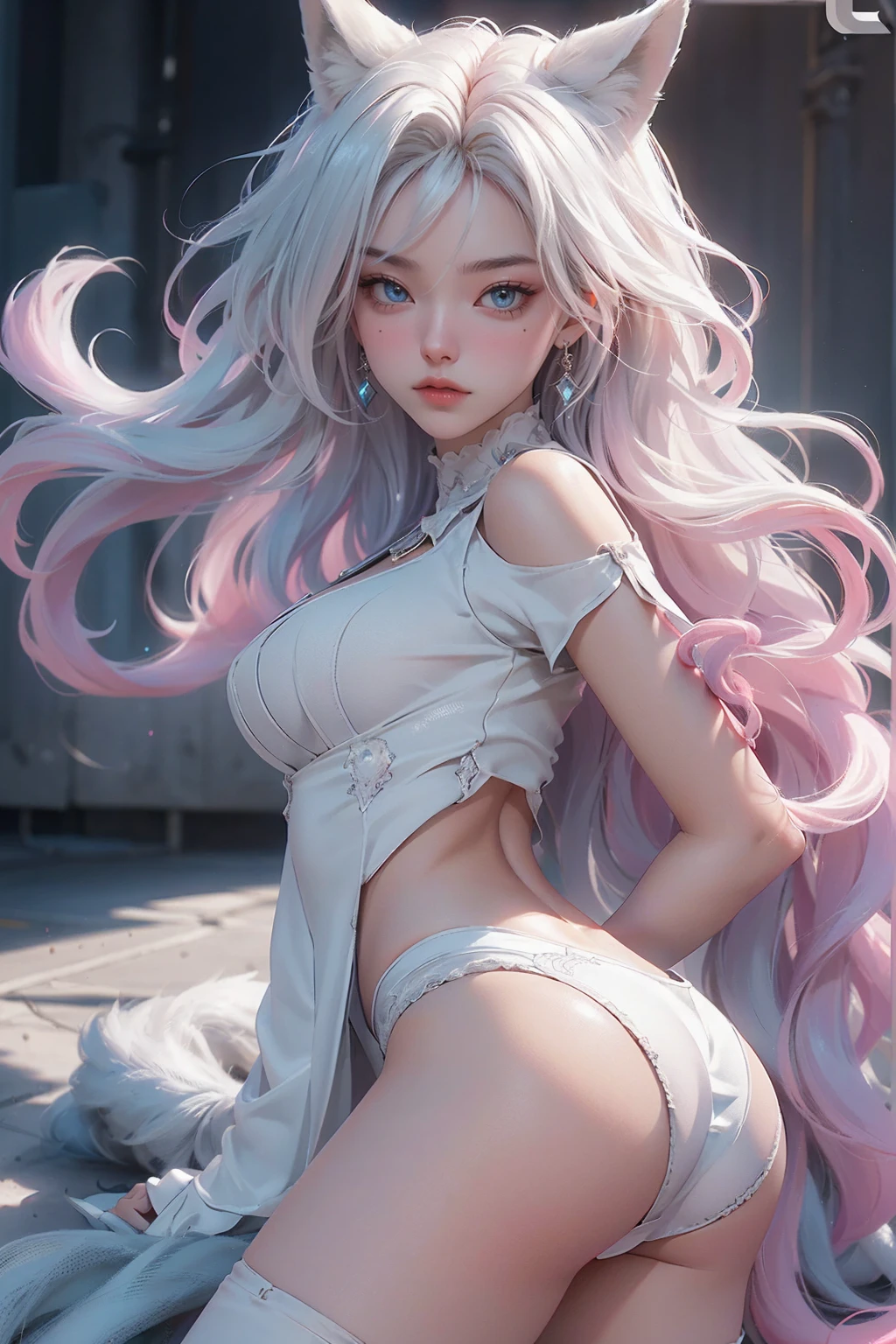 ((best qualityer)), ((work of art)), (detailded:1.4), 3d, a picture of a beautiful,hdr (high-range dynamics),ray tracing,nvidia RTX,Super-resolution,Irreal 5,underground dispersal,PBR Texturing,Post-processing,Anisotropic filtering,Depth of field,Maximum clarity and sharpness,Multilayer textures,Surface shading,Accurate simulation of light-material interaction,perfect proportions,octane rendering,Two-tone lighting,large aperture,Low ISO,White balance,rule of thirds,8K CRU,work of art, best qualityer, (8k very detailded CG unit wallpaper) (best qualityer), (Best illustration), (best shading), (:1. 6), wavy white hair, bright blue eyes HD, pink mouth, pale hair, wolf's ears, spoken wolf tail, white top, white micro thong panties, short clothing