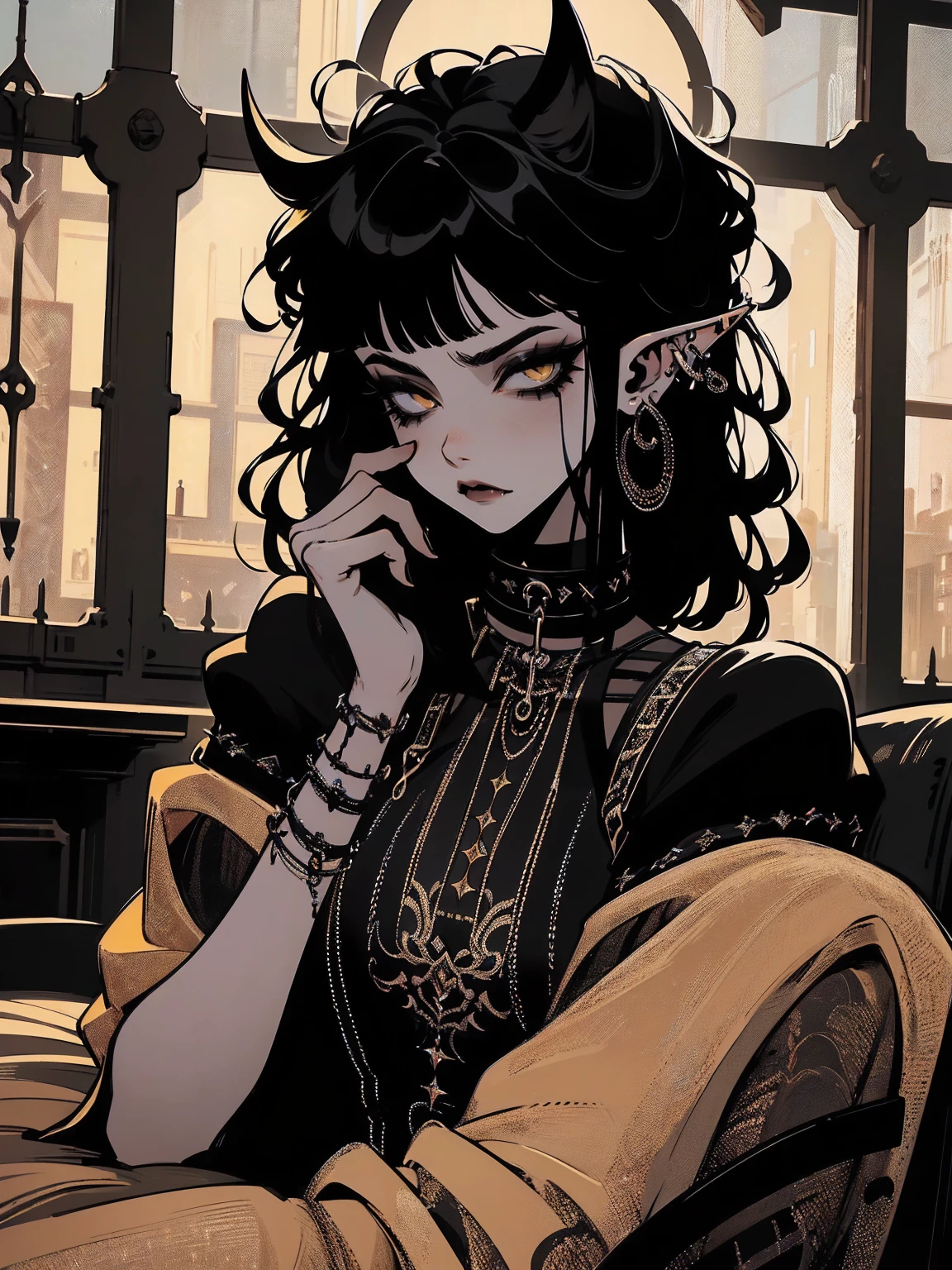 high détail, work of art, dramatic lighting(absurderes, high resolution, ultra detaild), extremely detailed 8k CG unit. mature face, adult Woman, Woman, mature Woman, elf, piercings, Short Wavy Black Hair and Bangs, (black hair), fangs, yellow eyes, modest black clothes, mad expression, whole body, sitting on the ground