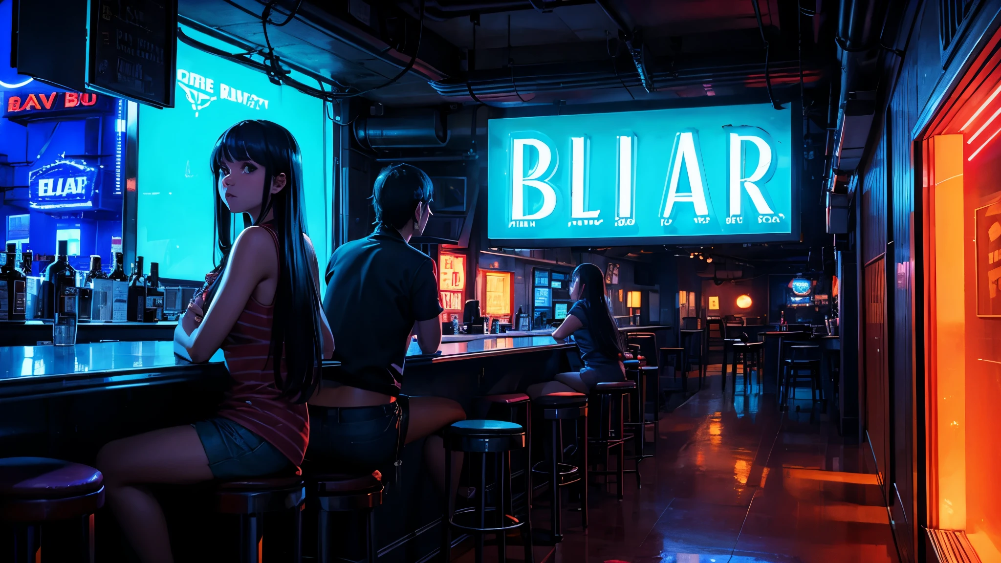 blues bar with neon signs with people watching a band in the foreground