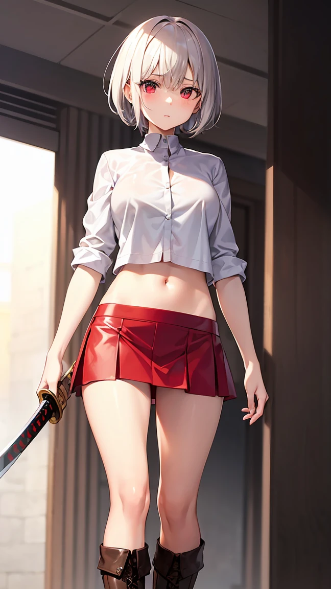 (work of art, best qualityer), 16 year old girl with short white hair, red short skirt, knee high leather boots, white shirt to the middle of the abdomen, Eyes red, katana sword, slenderbody.