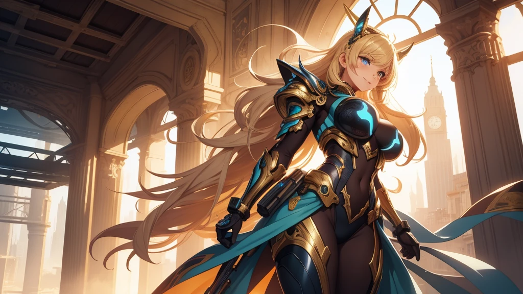 Cute character, Anime character, Ultra detailed anime illustration of beautiful blonde woman, cyborg, cyberpunk, golden filigree, intricate motif, sunlight, smiling face, blushing, loving gaze, light blue, full body pose, ultra detailed posture, fantasy, fantasy environment, anime style, she stand in the top of the high building, bright colors, CMYK colors, backlighting, misty light, highly detailed, grandeur and awe, cinematic, stunning visual masterpiece, double exposure, best quality, 32k