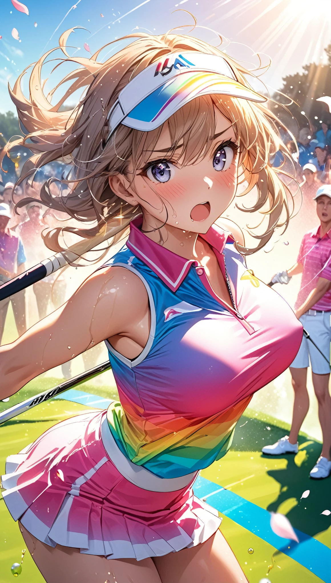 (Sports magazine cover photo), Highest quality, Great quality, 16K, Unbelievably absurd, Very detailed, delicate and dynamic, Natural light, The particles reflect light, Diffuse reflection of light, Many rainbow-colored petals fall, Beautiful field, Sparkling Sun, Diffuse reflection of light, Create amazing image effects, , Wet, sweating, golf, swinging golf driver, Close-up(Cute sexy girl, big bouncing busts, Sensual expression, Cool girl, Serious, passion, Dynamic, Flashy golf wear, ,audience , much-air-laden cheer)