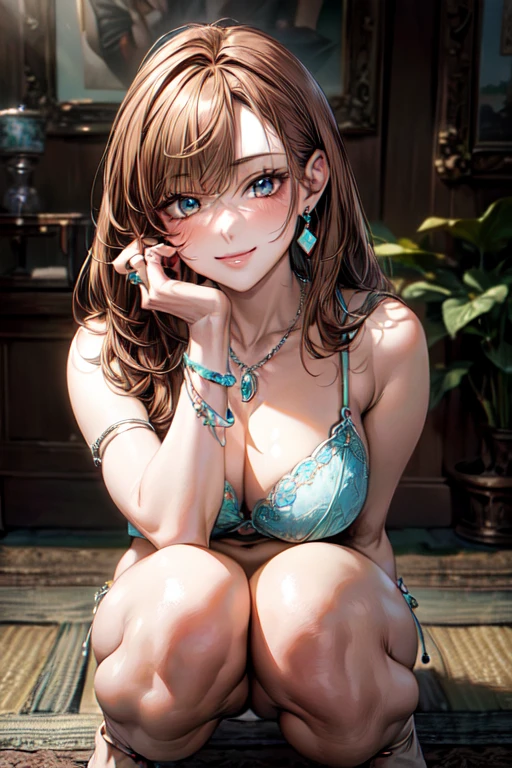 8K, (masterpiece, best quality:1.6), Japanese. 1 lady, masterpiece, best quality, beautiful eyes, (Perfect Anatomy), (pale skin, shiny skin, detailed skin),

 (light brown hair:1.8), medium hair, straight hair :1.5, light brown eyes:1.2,

((turquoise thong, turquoise bra)), (wedding ring, Silver chain necklace with turquoise small charm, simple silver earrings, silver bracelet), mature, 

busty, sexy body, Slightly chubby, (lovely smile), squatting, 

face light, cinematic lighting, sharp focus,

(beautiful scenery), daytime, academic medical center:1.3, very wid, panorama view, sense of depth, long shot, magnificent view, 