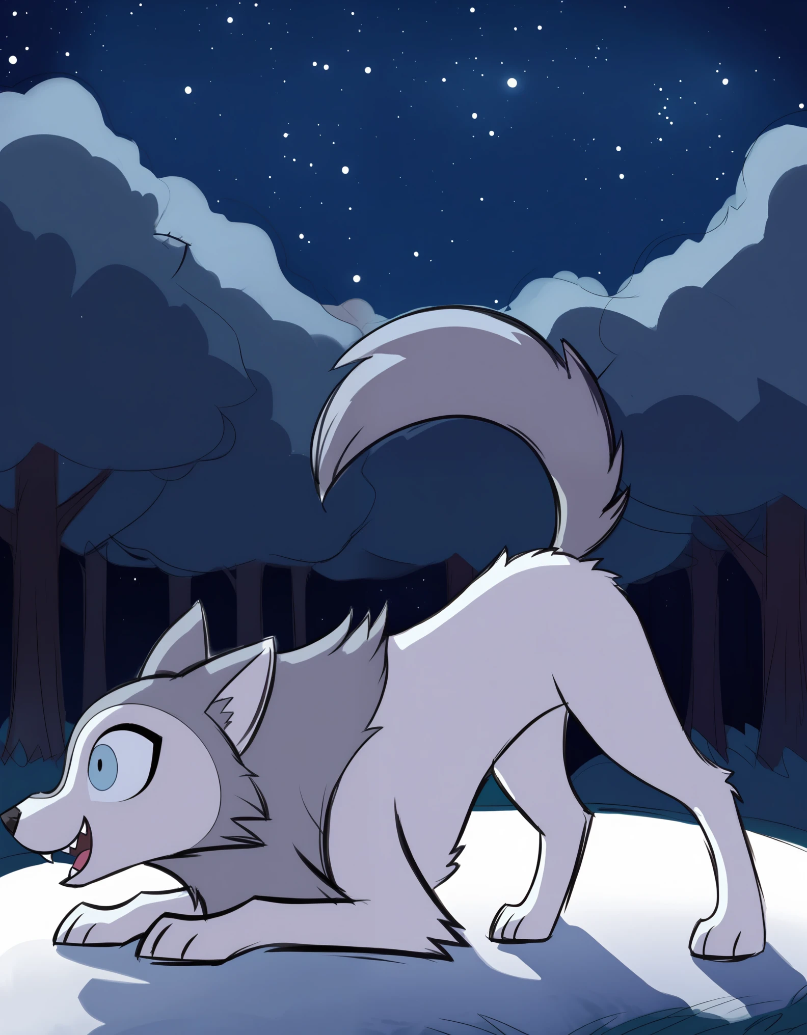 robyn, furry, feral, animal, wolf, no humans, outdoors, animal focus, full body, solo, grass, from side, blue eyes, teeth, sharp teeth, open mouth, jack-o' challenge, top-down bottom-up, simple background, grey background, lying, looking at viewer, fog, on back, fang, closed mouth, wide-eyed, nature, surprised, shook, closed eyes, sleeping, tree, standing, tongue, white background, looking at another, star (sky), sky, night, starry sky, night sky, forest, fangs, pokemon (creature), looking up, smile, sitting, cat, facing viewer, meme, blood, zoom layer, flat color, grey fur, profile, sketch, brown background, blue background