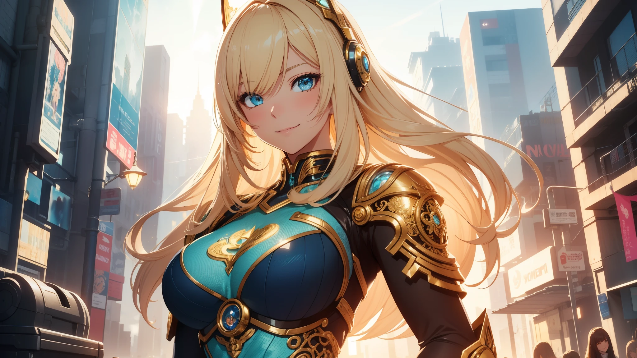 Cute character, Anime character, Ultra detailed anime illustration of beautiful blonde woman, cyborg, cyberpunk, golden filigree, intricate motif, sunlight, smiling face, blushing, loving gaze, light blue, full body pose, ultra detailed posture, fantasy, fantasy environment, anime style, she stand in the top of the high building, bright colors, CMYK colors, backlighting, misty light, highly detailed, grandeur and awe, cinematic, stunning visual masterpiece, double exposure, best quality, 32k
