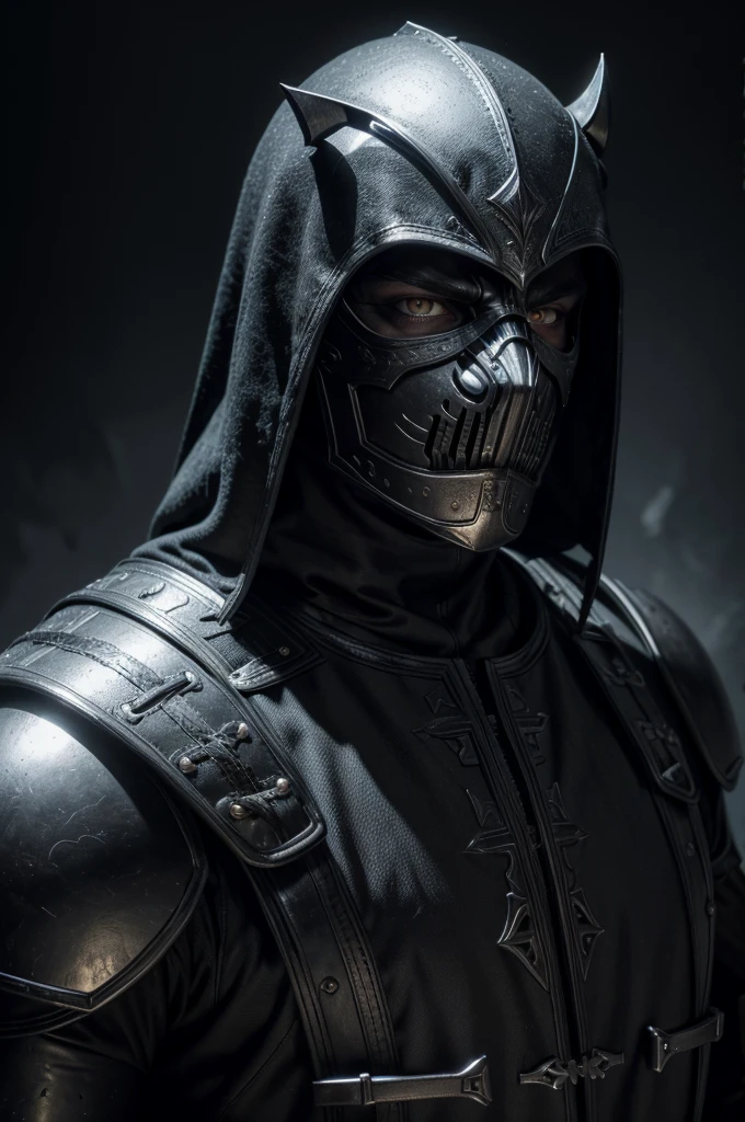 A highly detailed, full body portrait of a man wearing a black metal mask that only shows his eyes, black armor, and light armor, with yellow eyes, (best quality,4k,8k,highres,masterpiece:1.2),ultra-detailed,dramatic lighting,cinematic,chiaroscuro,moody,dark fantasy,concept art
