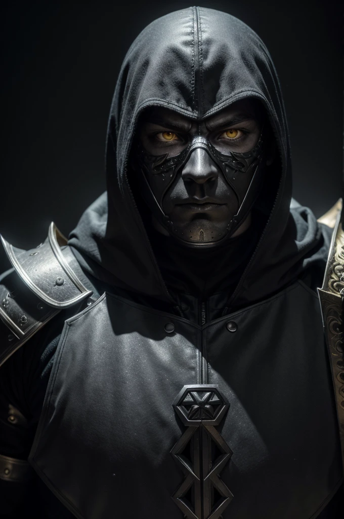 A highly detailed, full body portrait of a man wearing a black metal mask that only shows his eyes, black armor, and light armor, with yellow eyes, (best quality,4k,8k,highres,masterpiece:1.2),ultra-detailed,dramatic lighting,cinematic,chiaroscuro,moody,dark fantasy,concept art
