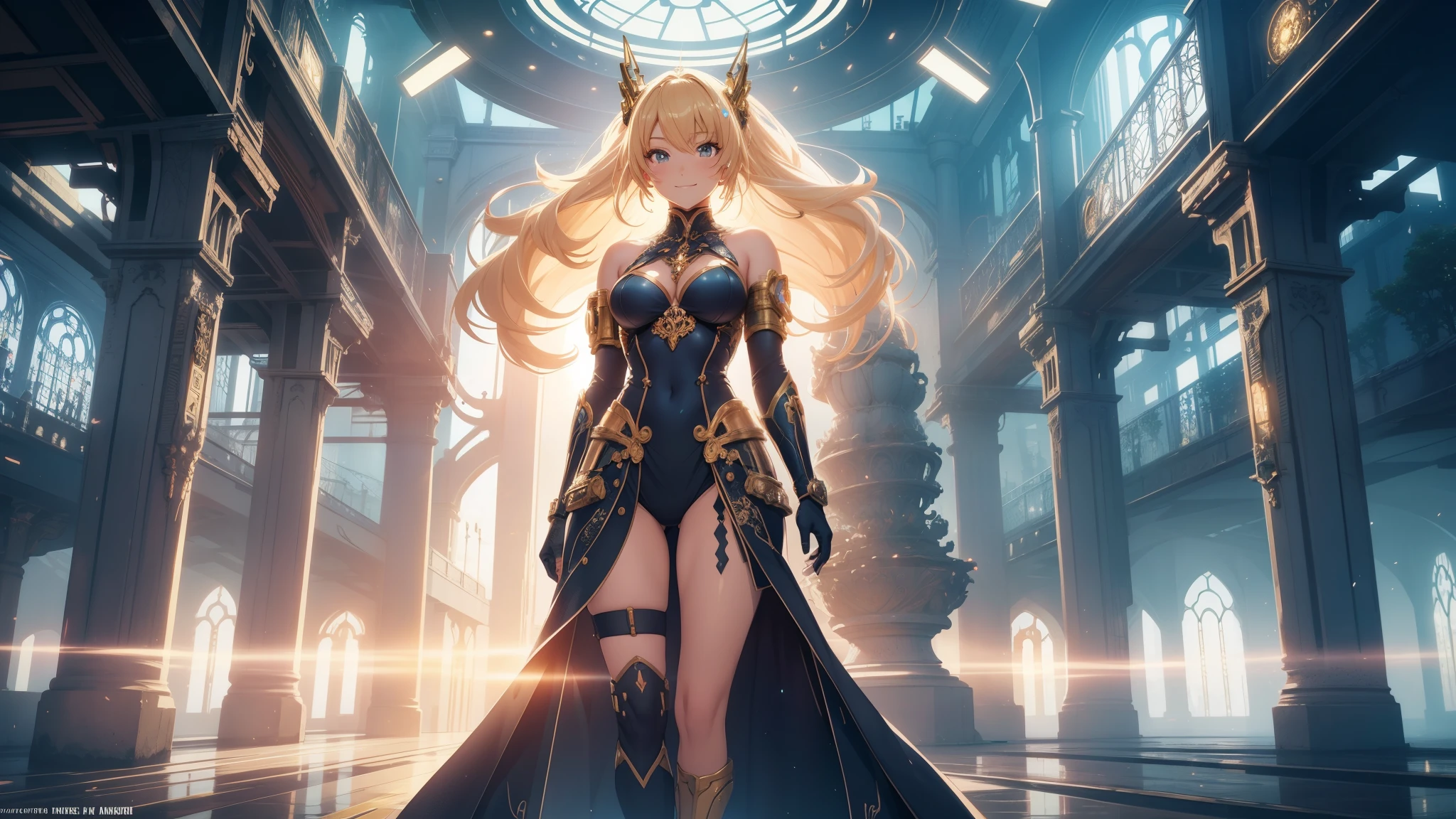 Cute character, Anime character, Ultra detailed anime illustration of beautiful blonde woman, cyborg, cyberpunk, golden filigree, intricate motif, sunlight, smiling face, blushing, loving gaze, light blue, full body pose, ultra detailed posture, fantasy, fantasy environment, anime style, she stand in the top of the high building, bright colors, CMYK colors, backlighting, misty light, highly detailed, grandeur and awe, cinematic, stunning visual masterpiece, double exposure, best quality, 32k
