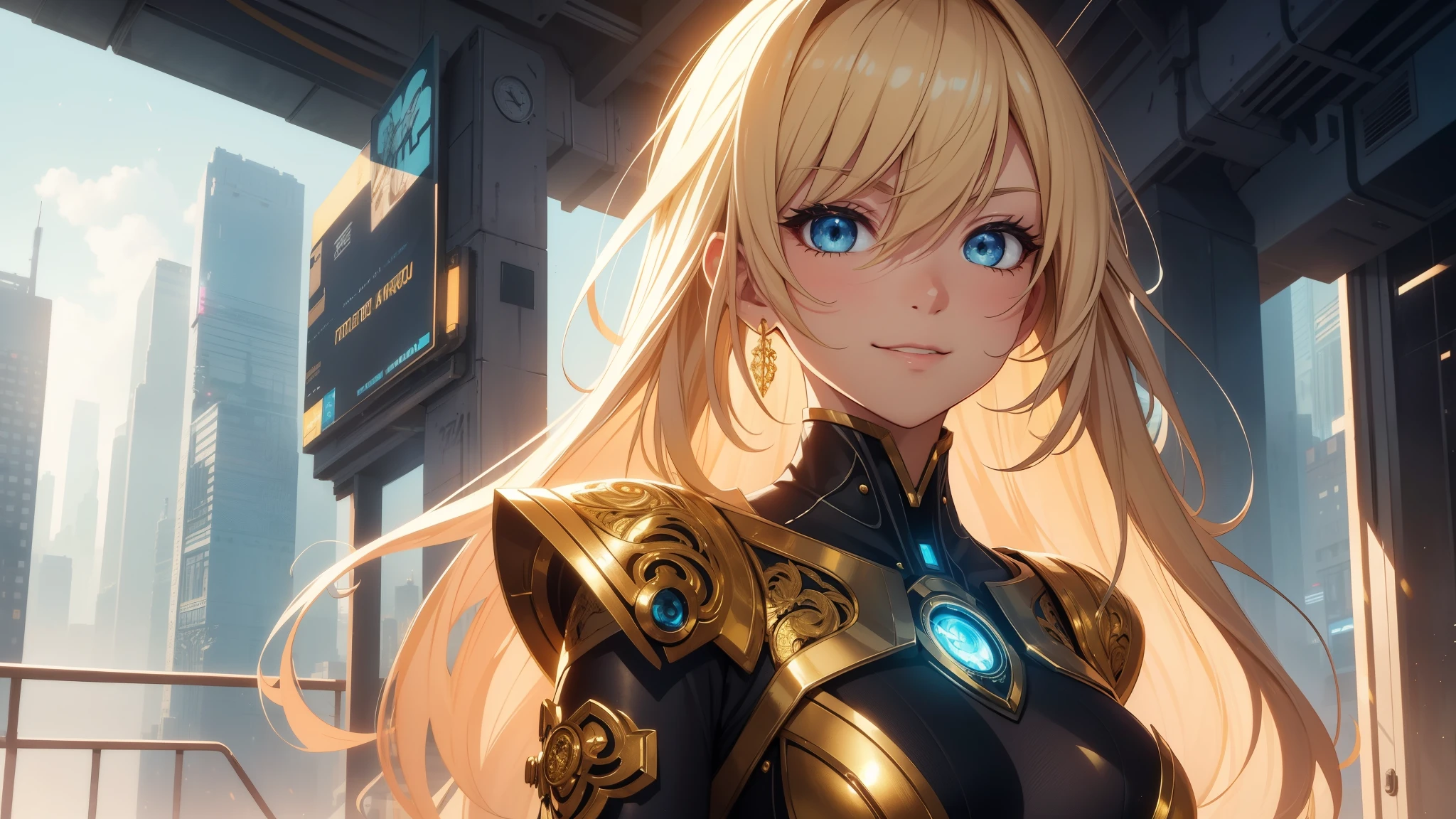 Cute character, Anime character, Ultra detailed anime illustration of beautiful blonde woman, cyborg, cyberpunk, golden filigree, intricate motif, sunlight, smiling face, blushing, loving gaze, light blue, full body pose, ultra detailed posture, fantasy, fantasy environment, anime style, she stand in the top of the high building, bright colors, CMYK colors, backlighting, misty light, highly detailed, grandeur and awe, cinematic, stunning visual masterpiece, double exposure, best quality, 32k