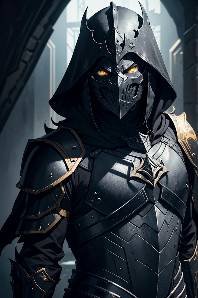 A highly detailed, full body portrait of a man wearing a black metal mask that only shows his eyes, black armor, and light armor, with yellow eyes, (best quality,4k,8k,highres,masterpiece:1.2),ultra-detailed,dramatic lighting,cinematic,chiaroscuro,moody,dark fantasy,concept art