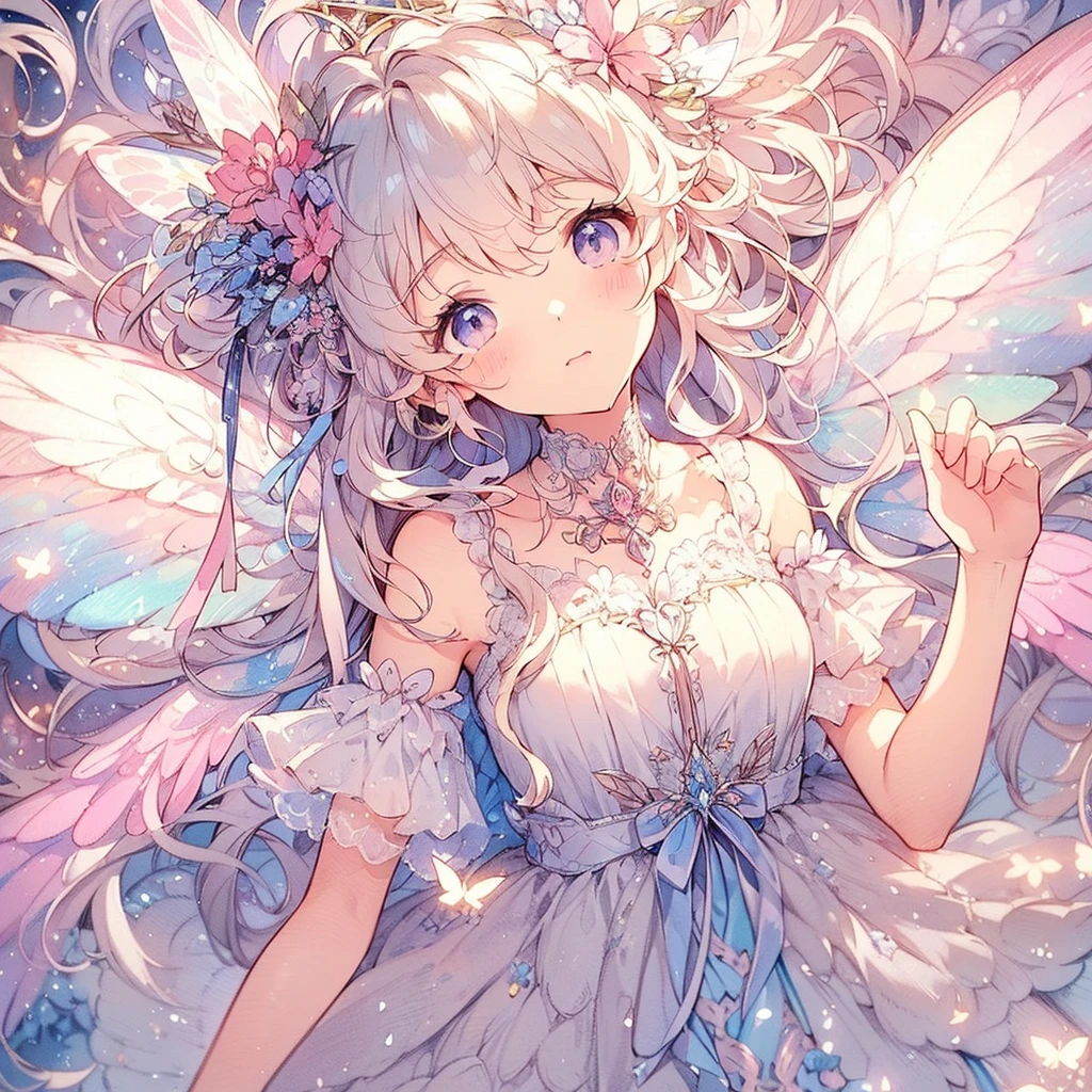 (Exquisite, beautiful, Very detailed, masterpiece, high quality,High resolution),(Well-formed face,Soft and thin lines,Beautiful and delicate illustrations with a mature and transparent feel, Pixiv-inspired anime illustration,A cute watercolor illustration of a beautiful girl in pastel colours that is going viral among Japanese people on Twitter),Fairy Princess,A fairy princess with a clear, delicate, beautiful well-formed face and fluffy white hair with butterfly-like wings stands alone, reaching her hands up towards the sky in a dark, starry sky filled with beautiful crescent moons and stars.,(A pair of giant fairy wings growing from just above his waist..),Diamond Tiara, earrings and choker,(A silver ball gown dress decorated with silver lace and frills), (Fantasy, Romantic atmosphere), Golden Ratio,Dramatic lighting,pastel colour,Landscape,night,Starry Sky