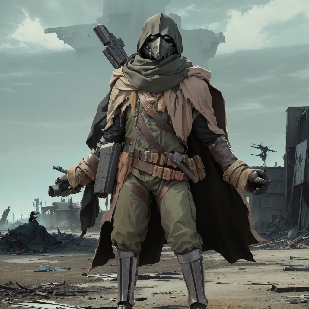 arafed image of a man in a plague doctor mask and a plague doctor mask on his head, dystopian bounty hunter, wearing cloak on blasted plain, post - apocalyptic scavenger, standing in wasteland, symmetrical dieselpunk warrior, hooded cloaked scavenger, postapocalyptic explorer, in a dark space mercenary outfit, ( highly detailed figure ), cloak made from black feathers, weird crow mask, gloves with claws, gun behind shoulder, wearing a shawl, army gear