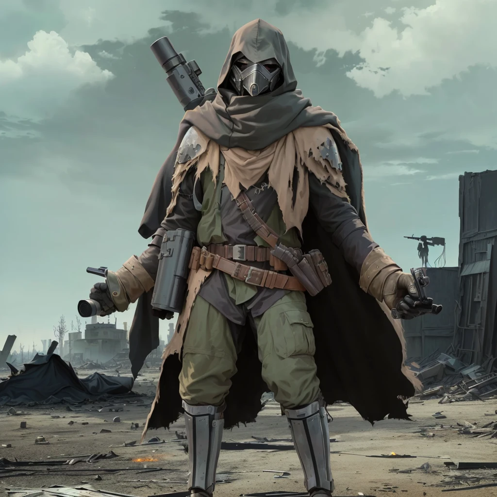 arafed image of a man in a plague doctor mask and a plague doctor mask on his head, dystopian bounty hunter, wearing cloak on blasted plain, post - apocalyptic scavenger, standing in wasteland, symmetrical dieselpunk warrior, hooded cloaked scavenger, postapocalyptic explorer, in a dark space mercenary outfit, ( highly detailed figure ), cloak made from black feathers, weird crow mask, gloves with claws, gun behind shoulder, wearing a shawl, army gear