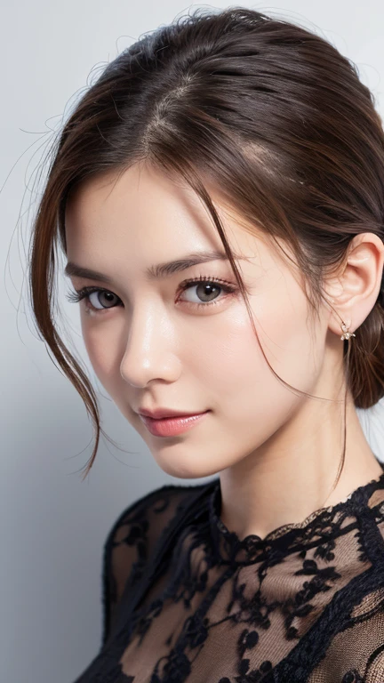 Highest quality, masterpiece, Ultra-high resolution, (Realistic: 1.4), RAW Photos, One girl, Off the shoulder, Cinema Lighting, Kiss pose, Heterochromia iridis, Gray Hair, Gray Hair