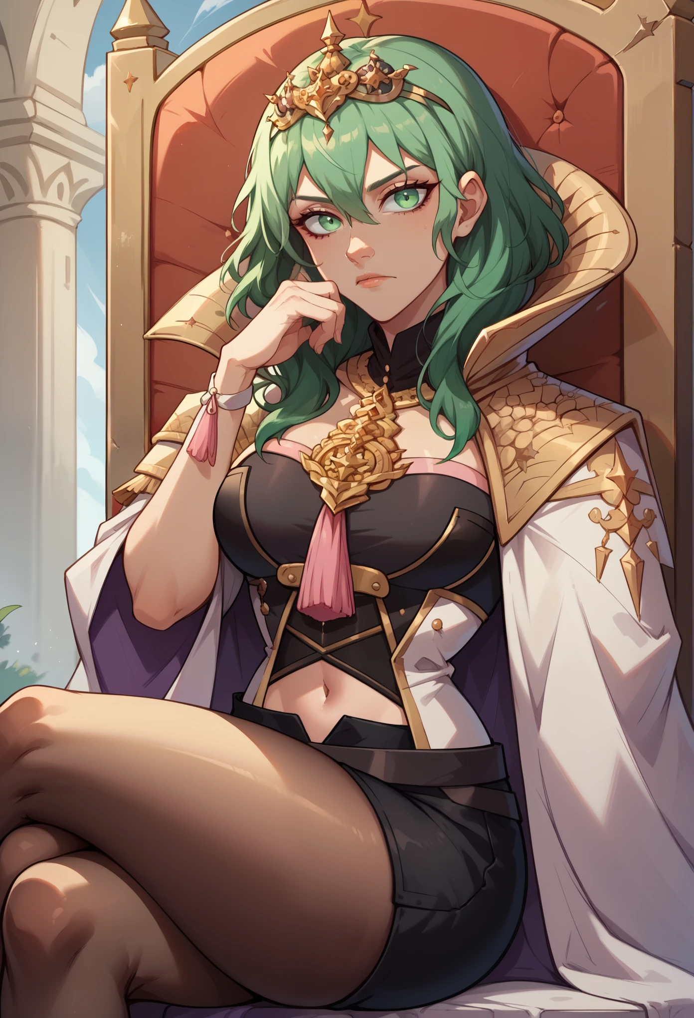 score_9,score_8_up,score_7_up, 1girl, solo, enlightenedByl, green hair, green eyes, tiara, gold-trimmed cloak, high collar, amulet, tassel, black bustier, navel, black shorts, pantyhose, sitting on throne, crossed legs,, head resting on hand, arrogant face, looking at you, medieval palace
