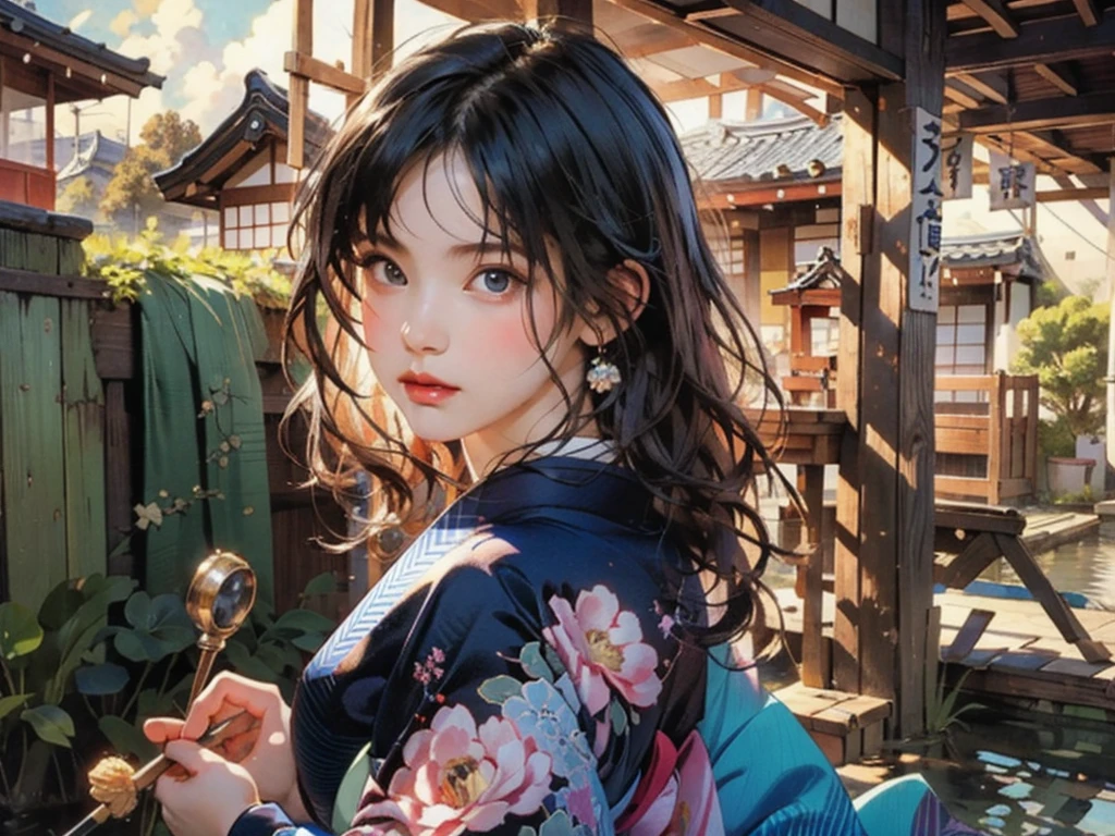 (highest quality、8k、32k、masterpiece)、(masterpiece, up to date,Exceptional:1.2), Anime, One girl,Front hair,black_hair, Beautiful 8k eyes,Looking_in_Audience,One person in,Are standing,((Very beautiful woman, Fuller lips, Japanese pintern kimono))、((Colorful Japanese kimono)))、(((Medium Shot)))、Blunt bung、(High resolution)、Very beautiful face and eyes、1 girl 、Round and small face、Narrow waist、delicine body、(highest quality high detail Rich skin details)、(highest quality、8k、Oil paints:1.2)、Very detailed、(Realistic、Realistic:1.37)、Bright colors、(((blackhair)))、(((longhair)))、(((cowboy pictures)))、((( Inside an old Japanese house)))、(masterpiece, highest quality, highest quality, Official Art, beautifully、aesthetic:1.2), (One girl), Very detailedな,(Fractal Art:1.3),colorful,Most detailed,Sengoku period(High resolution)、Very beautiful face and eyes、1 girl 、Round and small face、Tight waist、Delicine body、(highest quality high detail Rich skin details)、(highest quality、8k、Oil paints:1.2)、(Realistic、Realistic:1.37)、Greg Rutkowski Written by Alphonse Mucha Ropp, sun lips