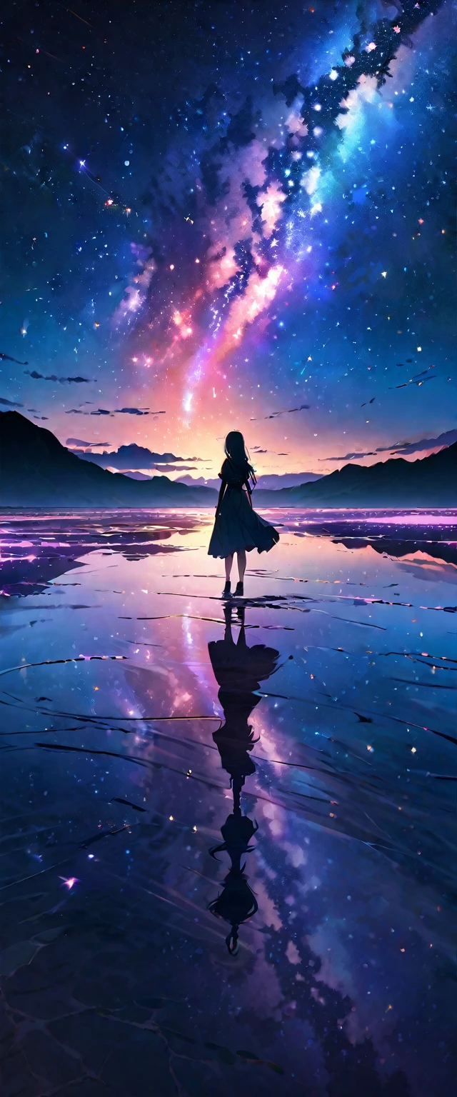 Official Art, Integrated 8K wallpapers, Very detailed, masterpiece, Best image quality,Ultra Wide Angle,night,woman,Standing by the salt lake,The water is like a mirror,Reflecting the sky。Looking up at the sky,The Milky Way is in the sky,Dynamic Angle, Grace, Bright colors,