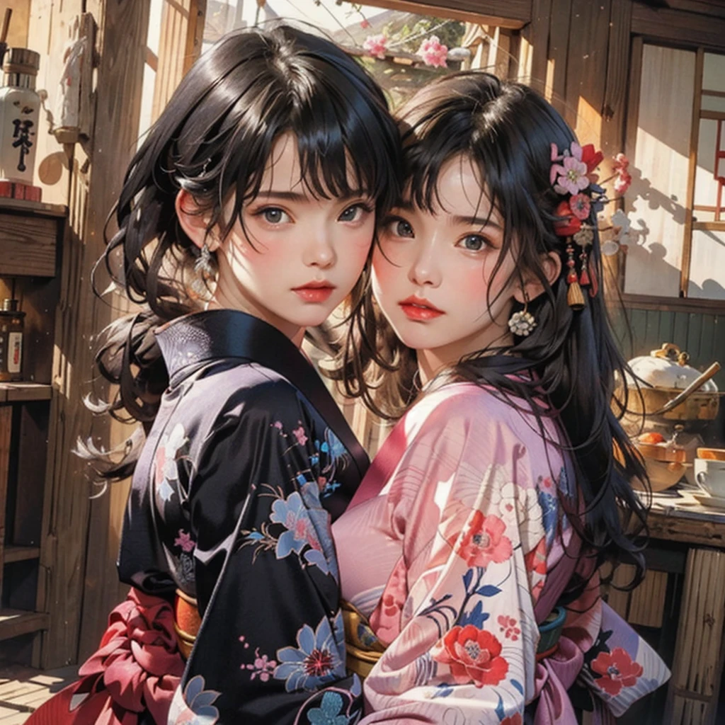 (highest quality、8k、32k、masterpiece)、(masterpiece, up to date,Exceptional:1.2), Anime, One girl,Front hair,black_hair, Beautiful 8k eyes,Looking_in_Audience,One person in,Are standing,((Very beautiful woman, Fuller lips, Japanese pintern kimono))、((Colorful Japanese kimono)))、(((Medium Shot)))、Blunt bung、(High resolution)、Very beautiful face and eyes、1 girl 、Round and small face、Narrow waist、delicine body、(highest quality high detail Rich skin details)、(highest quality、8k、Oil paints:1.2)、Very detailed、(Realistic、Realistic:1.37)、Bright colors、(((blackhair)))、(((longhair)))、(((cowboy pictures)))、((( Inside an old Japanese house)))、(masterpiece, highest quality, highest quality, Official Art, beautifully、aesthetic:1.2), (One girl), Very detailedな,(Fractal Art:1.3),colorful,Most detailed,Sengoku period(High resolution)、Very beautiful face and eyes、1 girl 、Round and small face、Tight waist、Delicine body、(highest quality high detail Rich skin details)、(highest quality、8k、Oil paints:1.2)、(Realistic、Realistic:1.37)、Greg Rutkowski Written by Alphonse Mucha Ropp, sun lips