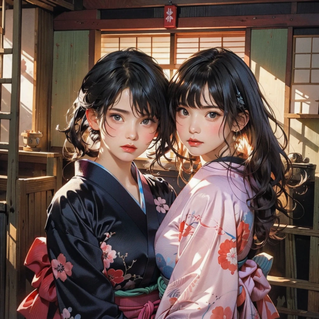 (highest quality、8k、32k、masterpiece)、(masterpiece, up to date,Exceptional:1.2), Anime, One girl,Front hair,black_hair, Beautiful 8k eyes,Looking_in_Audience,One person in,Are standing,((Very beautiful woman, Fuller lips, Japanese pintern kimono))、((Colorful Japanese kimono)))、(((Medium Shot)))、Blunt bung、(High resolution)、Very beautiful face and eyes、1 girl 、Round and small face、Narrow waist、delicine body、(highest quality high detail Rich skin details)、(highest quality、8k、Oil paints:1.2)、Very detailed、(Realistic、Realistic:1.37)、Bright colors、(((blackhair)))、(((longhair)))、(((cowboy pictures)))、((( Inside an old Japanese house)))、(masterpiece, highest quality, highest quality, Official Art, beautifully、aesthetic:1.2), (One girl), Very detailedな,(Fractal Art:1.3),colorful,Most detailed,Sengoku period(High resolution)、Very beautiful face and eyes、1 girl 、Round and small face、Tight waist、Delicine body、(highest quality high detail Rich skin details)、(highest quality、8k、Oil paints:1.2)、(Realistic、Realistic:1.37)、Greg Rutkowski Written by Alphonse Mucha Ropp, sun lips