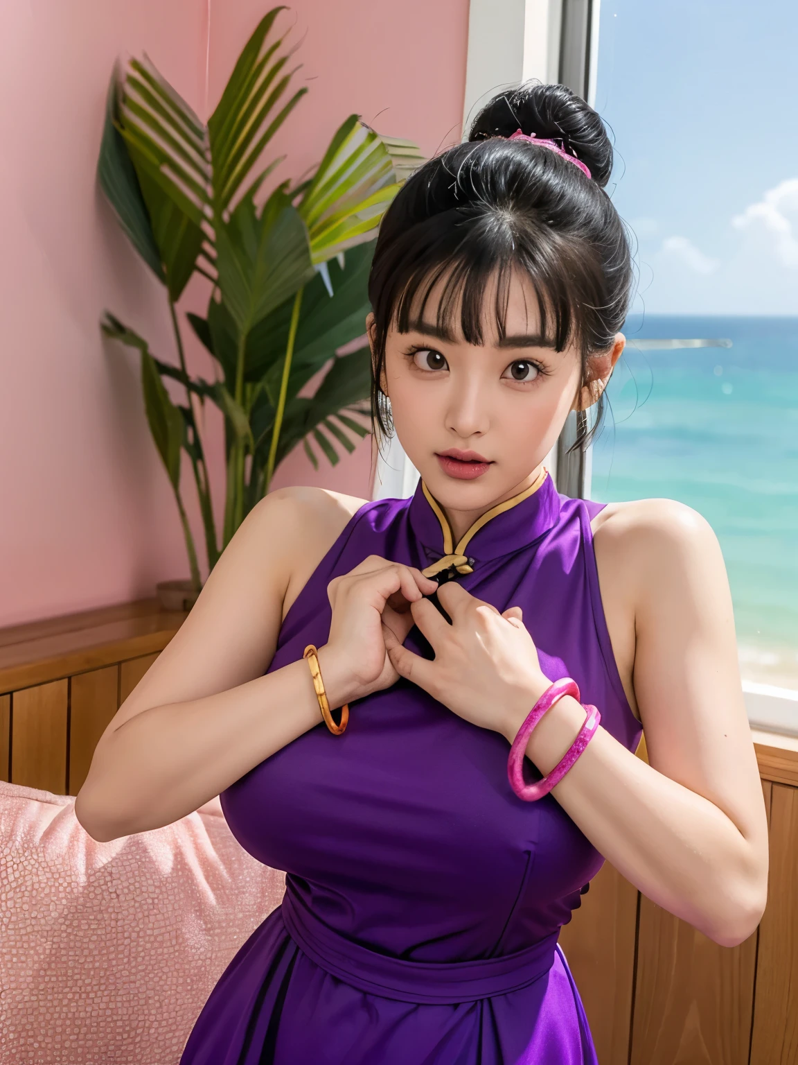 (masterpiece, best quality:1.2), 1girl, solo, professional lightings, cinematic lightings, 8k wallpaper, ultra realistic portrait of chichi, dragonball, chichi_dbz, (purple Chinese dress with orange scarf on neck:1.1, bangle, bracelet), bare foots, detailed face, detailed eyes, highres, detailed skin texture, (ultra slim waist, perfect slim body style), black hair, (dango hair:1.15, parted long bangs:1.15), big eyes, double eyelids, ((ultra huge breasts, ultra huge tits, ultra huge boob, ultra huge cleavages)), ultra realistic mature older face, ultra detailed mature older face, realistic wrinkles on face and eyes, detailed wrinkles on face and eyes, (in living room, TV, view palms tree via window:1.1, ocean, palm tree and beach view via window:1.25, couch, wooden floor, house plants, pink painted walls:1.1), in extremely tiny island, ((standing)), looking at viewer, cowboy shot, (((put both hands on her own breasts))),