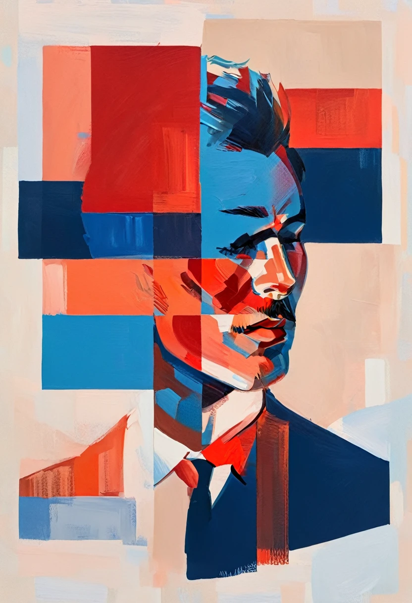 Create a contemporary portrait of a man with sharp features, using a bold and graphic style. Use vibrant, contrasting colors with a strong emphasis on red and blue hues. The background should be a neutral, pale beige or light peach color. The face should be at a slight angle, with clean lines and blocks of color to define the facial structure. Ensure the expression is intense, and the overall composition has a modern, pop-art feel. The painting should capture the interplay between light and shadow with striking contrasts.