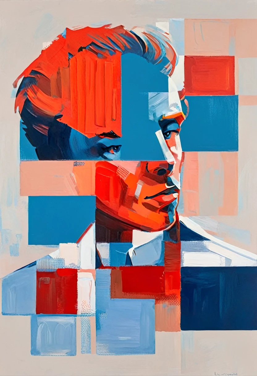 Create a contemporary portrait of a man with sharp features, using a bold and graphic style. Use vibrant, contrasting colors with a strong emphasis on red and blue hues. The background should be a neutral, pale beige or light peach color. The face should be at a slight angle, with clean lines and blocks of color to define the facial structure. Ensure the expression is intense, and the overall composition has a modern, pop-art feel. The painting should capture the interplay between light and shadow with striking contrasts.