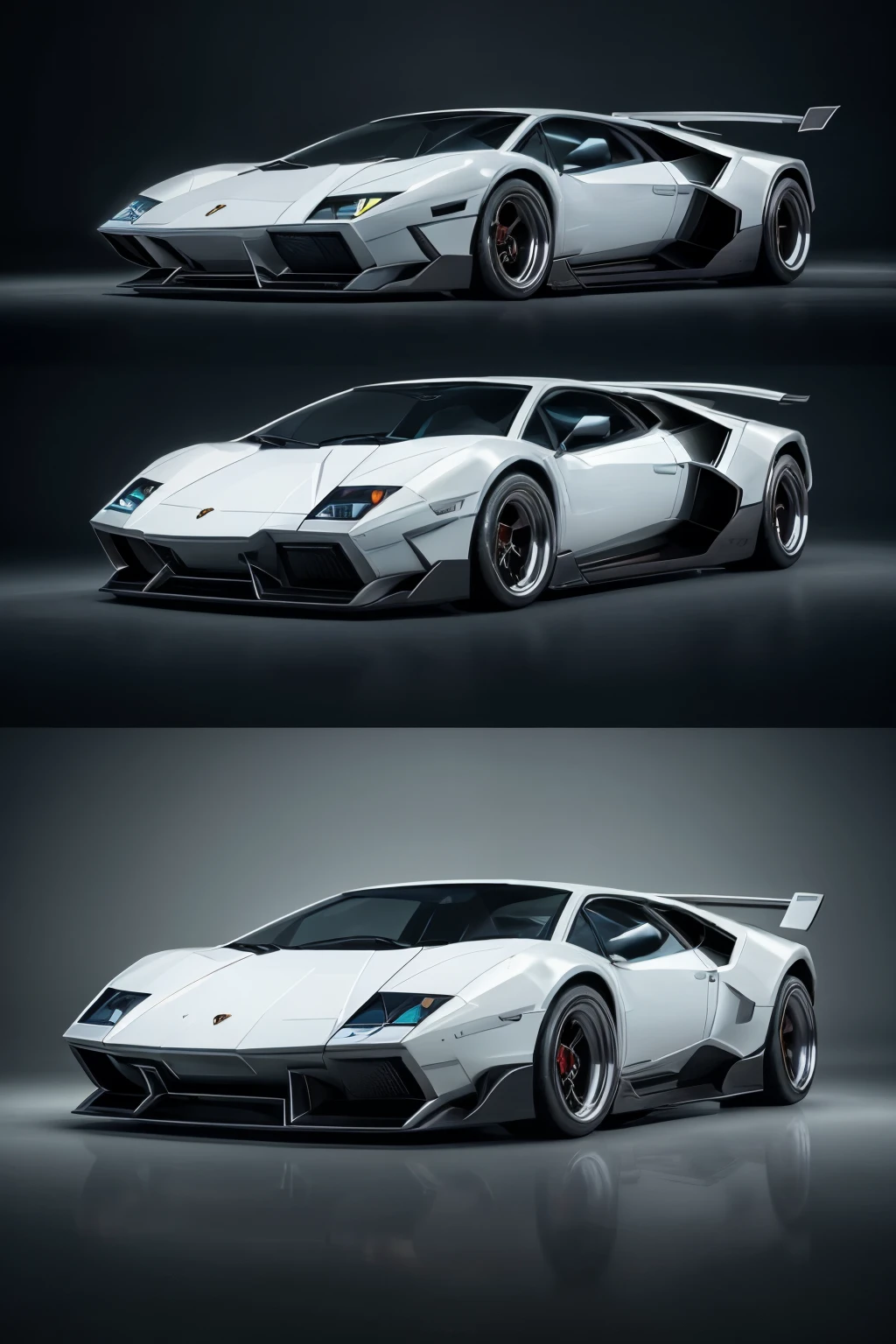 Draw a fusion of a White Lamborghini Countach and a robotic shark design in three frames, capturing the unique blend of automotive elegance and aquatic cybernetics.
Frame 1: Front View
A White Lamborghini Countach morphs into a robotic shark, with its iconic wedge-shaped body replaced by sharp, angular fins. The vehicle's prominent angled nose and large, curved headlights are repurposed as the shark's protruding jaws, while the signature Y-shaped air intakes now serve as gills, filters drawing in the digital ocean's water. The grille, once a symbol of power and speed