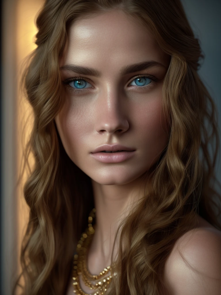 a detailed portrait of a beautiful young woman, long flowing hair, piercing blue eyes, delicate facial features, serene expression, ornate golden jewelry, luxurious velvet dress, dramatic chiaroscuro lighting, classical renaissance oil painting style, muted color palette, atmospheric and moody, cinematic composition, masterpiece, (best quality,8k,highres,masterpiece:1.2),ultra-detailed,(realistic,photorealistic,photo-realistic:1.37)