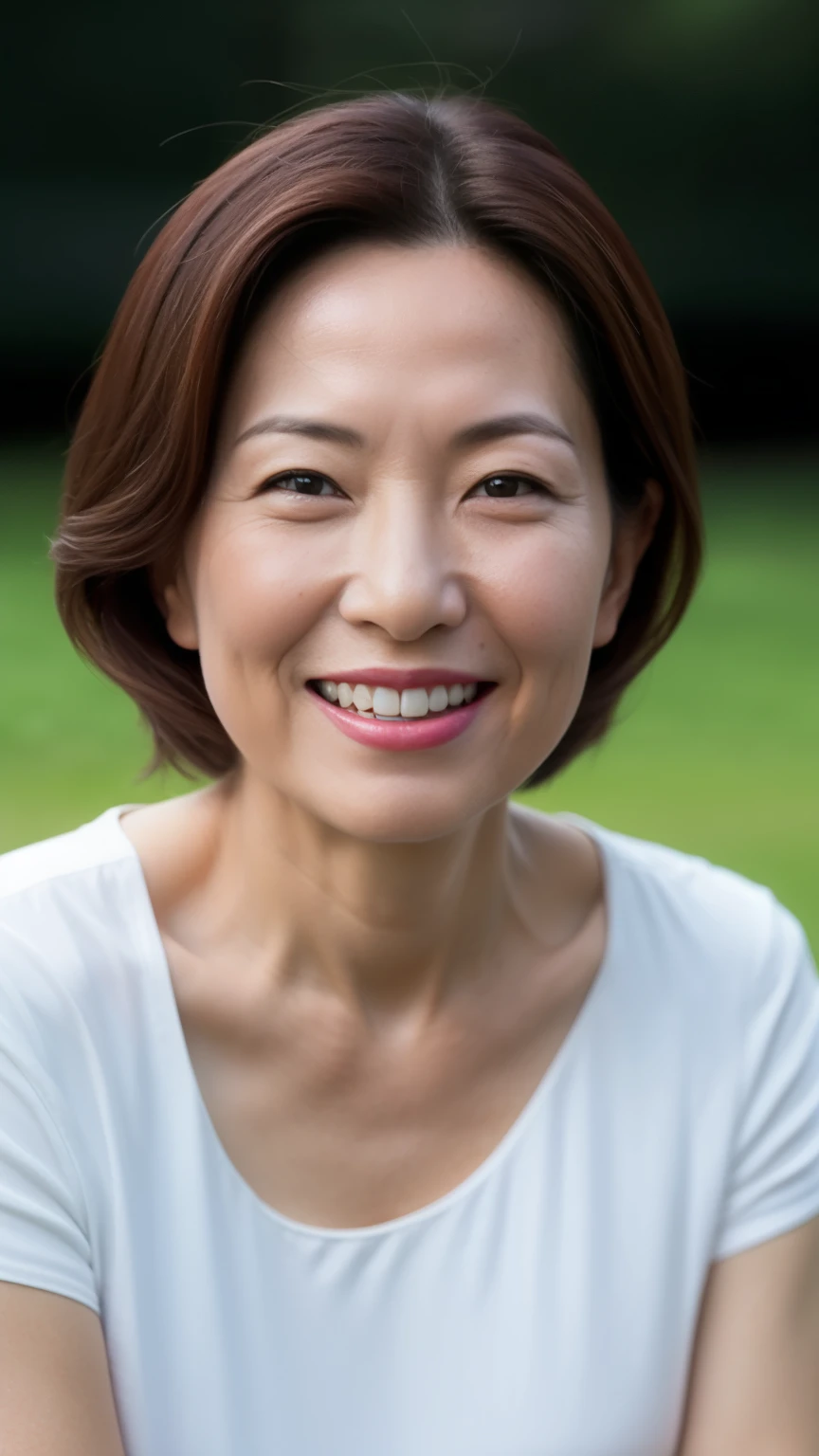 sitting on a park bench, Wrinkles around the eyes, Smiling with teeth showing, Plain short-sleeved clothing, senior citizen, Draw lips correctly, Red lipstick, No discomfort, 16K, Highest quality, Very detailed, Realistic, Very detailed肌, Japanese, alone, 60 years old, Large Breasts, , Glamour, sexy, , Staring straight ahead,