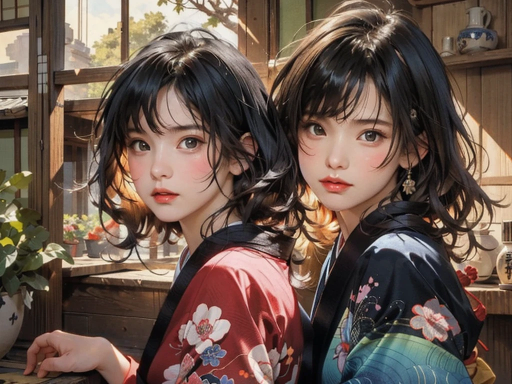 (highest quality、8k、32k、masterpiece)、(masterpiece, up to date,Exceptional:1.2), Anime, One girl,Front hair,black_hair, Beautiful 8k eyes,Looking_in_Audience,One person in,Are standing,((Very beautiful woman, Fuller lips, Japanese pintern kimono))、((Colorful Japanese kimono)))、(((Medium Shot)))、Blunt bung、(High resolution)、Very beautiful face and eyes、1 girl 、Round and small face、Narrow waist、delicine body、(highest quality high detail Rich skin details)、(highest quality、8k、Oil paints:1.2)、Very detailed、(Realistic、Realistic:1.37)、Bright colors、(((blackhair)))、(((longhair)))、(((cowboy pictures)))、((( Inside an old Japanese house)))、(masterpiece, highest quality, highest quality, Official Art, beautifully、aesthetic:1.2), (One girl), Very detailedな,(Fractal Art:1.3),colorful,Most detailed,Sengoku period(High resolution)、Very beautiful face and eyes、1 girl 、Round and small face、Tight waist、Delicine body、(highest quality high detail Rich skin details)、(highest quality、8k、Oil paints:1.2)、(Realistic、Realistic:1.37)、Greg Rutkowski Written by Alphonse Mucha Ropp, sun lips