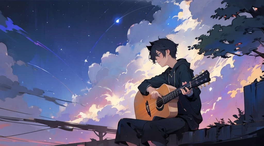 masterpiece,night,(dark alley),star、Night Sky、milky way、octone、
(1 Male), (solo), Knee hugging sitting，acousticguitar