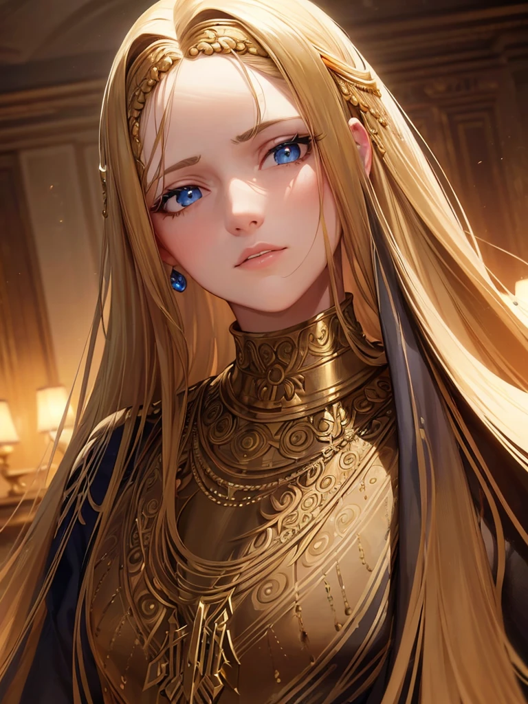 a detailed portrait of a beautiful young woman, long flowing hair, piercing blue eyes, delicate facial features, serene expression, ornate golden jewelry, luxurious velvet dress, dramatic chiaroscuro lighting, classical renaissance oil painting style, muted color palette, atmospheric and moody, cinematic composition, masterpiece, (best quality,8k,highres,masterpiece:1.2),ultra-detailed,(realistic,photorealistic,photo-realistic:1.37)