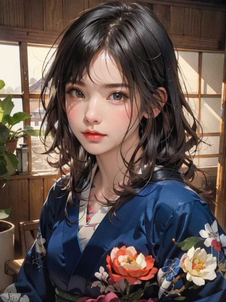 (highest quality、8k、32k、masterpiece)、(masterpiece, up to date,Exceptional:1.2), Anime, One girl,Front hair,black_hair, Beautiful 8k eyes,Looking_in_Audience,One person in,Are standing,((Very beautiful woman, Fuller lips, Japanese pintern kimono))、((Colorful Japanese kimono)))、(((Medium Shot)))、Blunt bung、(High resolution)、Very beautiful face and eyes、1 girl 、Round and small face、Narrow waist、delicine body、(highest quality high detail Rich skin details)、(highest quality、8k、Oil paints:1.2)、Very detailed、(Realistic、Realistic:1.37)、Bright colors、(((blackhair)))、(((longhair)))、(((cowboy pictures)))、((( Inside an old Japanese house)))、(masterpiece, highest quality, highest quality, Official Art, beautifully、aesthetic:1.2), (One girl), Very detailedな,(Fractal Art:1.3),colorful,Most detailed,Sengoku period(High resolution)、Very beautiful face and eyes、1 girl 、Round and small face、Tight waist、Delicine body、(highest quality high detail Rich skin details)、(highest quality、8k、Oil paints:1.2)、(Realistic、Realistic:1.37)、Greg Rutkowski Written by Alphonse Mucha Ropp, sun lips