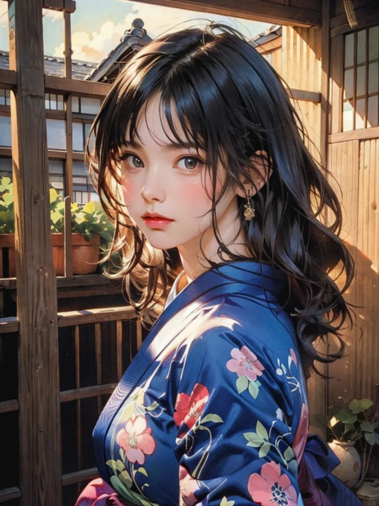 (highest quality、8k、32k、masterpiece)、(masterpiece, up to date,Exceptional:1.2), Anime, One girl,Front hair,black_hair, Beautiful 8k eyes,Looking_in_Audience,One person in,Are standing,((Very beautiful woman, Fuller lips, Japanese pintern kimono))、((Colorful Japanese kimono)))、(((Medium Shot)))、Blunt bung、(High resolution)、Very beautiful face and eyes、1 girl 、Round and small face、Narrow waist、delicine body、(highest quality high detail Rich skin details)、(highest quality、8k、Oil paints:1.2)、Very detailed、(Realistic、Realistic:1.37)、Bright colors、(((blackhair)))、(((longhair)))、(((cowboy pictures)))、((( Inside an old Japanese house)))、(masterpiece, highest quality, highest quality, Official Art, beautifully、aesthetic:1.2), (One girl), Very detailedな,(Fractal Art:1.3),colorful,Most detailed,Sengoku period(High resolution)、Very beautiful face and eyes、1 girl 、Round and small face、Tight waist、Delicine body、(highest quality high detail Rich skin details)、(highest quality、8k、Oil paints:1.2)、(Realistic、Realistic:1.37)、Greg Rutkowski Written by Alphonse Mucha Ropp, sun lips