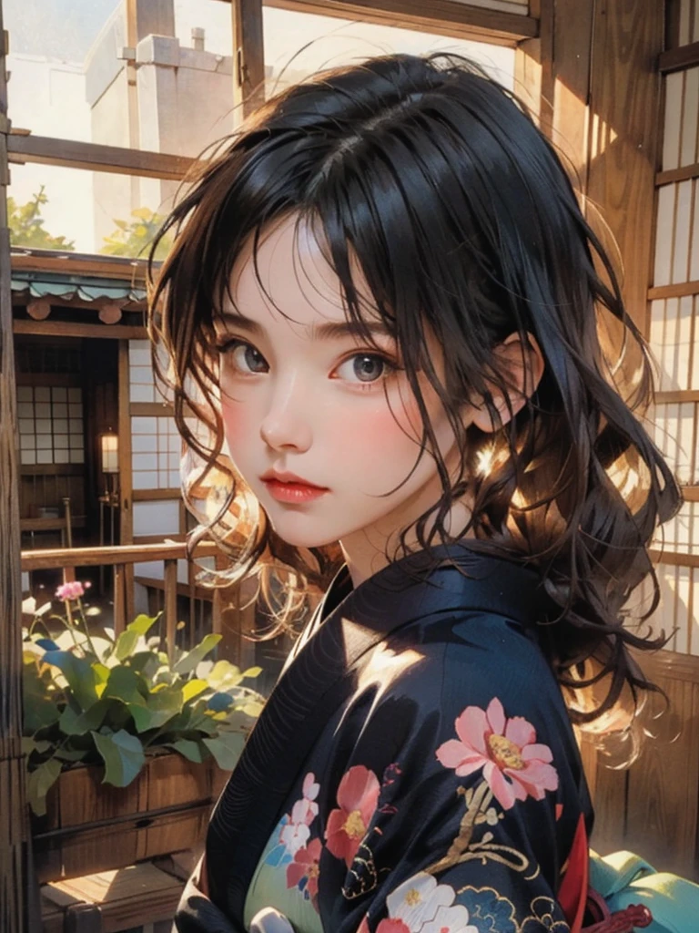(highest quality、8k、32k、masterpiece)、(masterpiece, up to date,Exceptional:1.2), Anime, One girl,Front hair,black_hair, Beautiful 8k eyes,Looking_in_Audience,One person in,Are standing,((Very beautiful woman, Fuller lips, Japanese pintern kimono))、((Colorful Japanese kimono)))、(((Medium Shot)))、Blunt bung、(High resolution)、Very beautiful face and eyes、1 girl 、Round and small face、Narrow waist、delicine body、(highest quality high detail Rich skin details)、(highest quality、8k、Oil paints:1.2)、Very detailed、(Realistic、Realistic:1.37)、Bright colors、(((blackhair)))、(((longhair)))、(((cowboy pictures)))、((( Inside an old Japanese house)))、(masterpiece, highest quality, highest quality, Official Art, beautifully、aesthetic:1.2), (One girl), Very detailedな,(Fractal Art:1.3),colorful,Most detailed,Sengoku period(High resolution)、Very beautiful face and eyes、1 girl 、Round and small face、Tight waist、Delicine body、(highest quality high detail Rich skin details)、(highest quality、8k、Oil paints:1.2)、(Realistic、Realistic:1.37)、Greg Rutkowski Written by Alphonse Mucha Ropp, sun lips