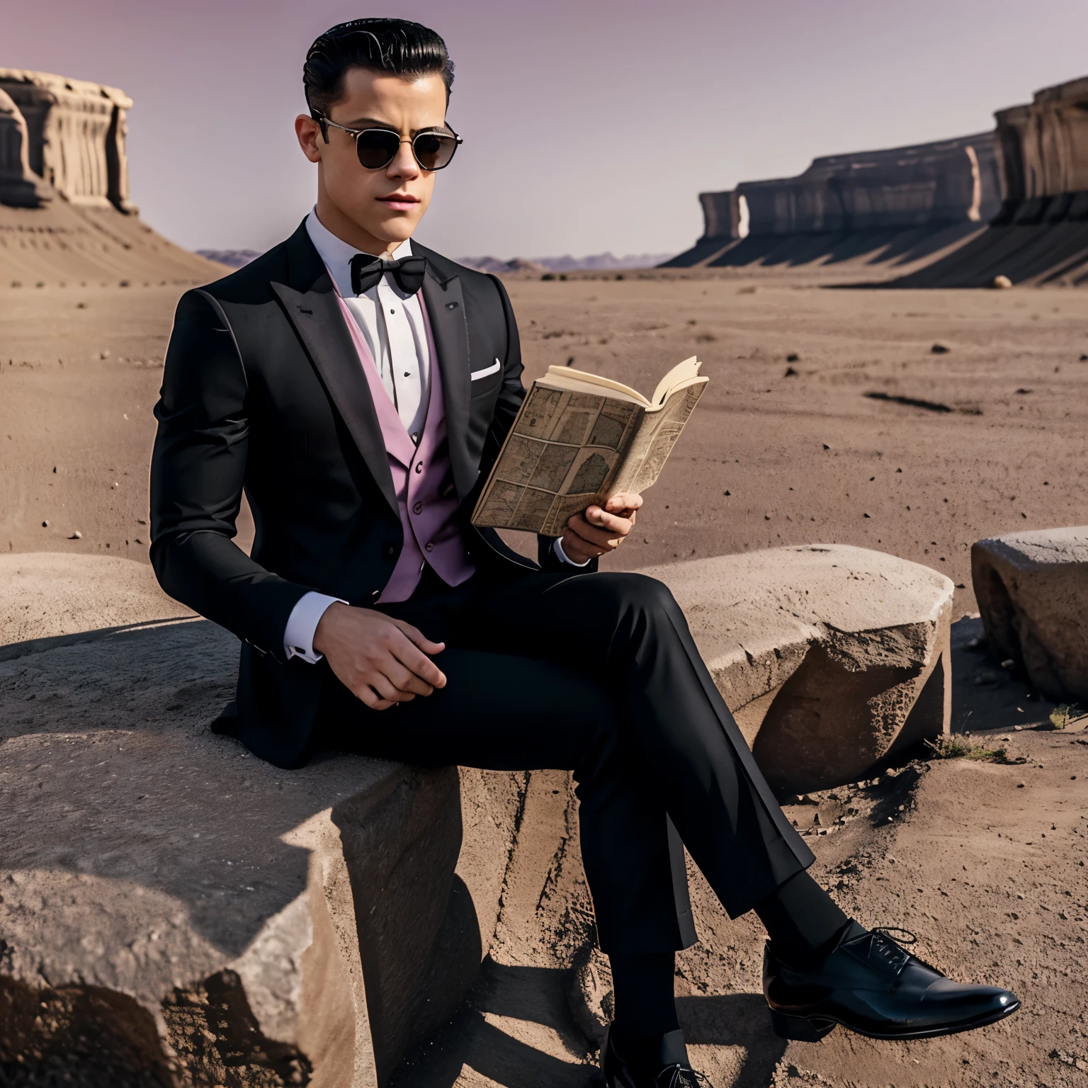 full view full body, young male actor rami malek with preppy undercut haircut, wearing black sunglasses and a 3 piece dapper suit, fine dress shoes and black thin socks.Reading a classic map. The background is a pink alien landscape.