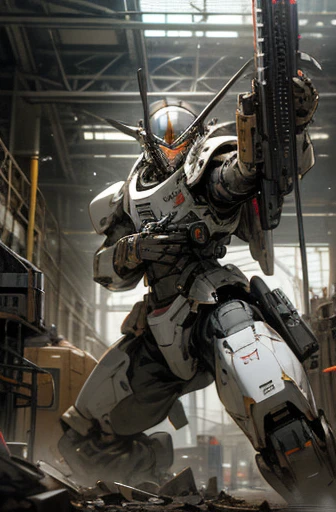 robot,meca,droid,heaby armor massive,human_not,anime style,battle field,holding_beamrifle,masterpiece,best quality,super detailed,super fine illustration,8k,industry meca design, wing