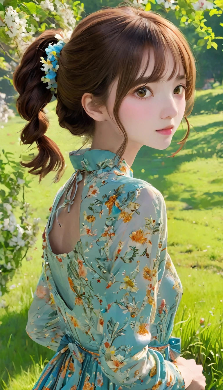 Best image quality,(8k),Surreal,最high quality,high quality,High resolution,high qualityな質感,Attention to detail,beautiful,Familiar,Upper Body,Natural look、Expressionless、Detailed CG,Detailed Texture,Realistic expression,Distinctive eyes,２４talent:1.7,masterpiece,in front,Portrait Photography,cute,ponytail、Brown hair color、Floral print dress、Slim figure、