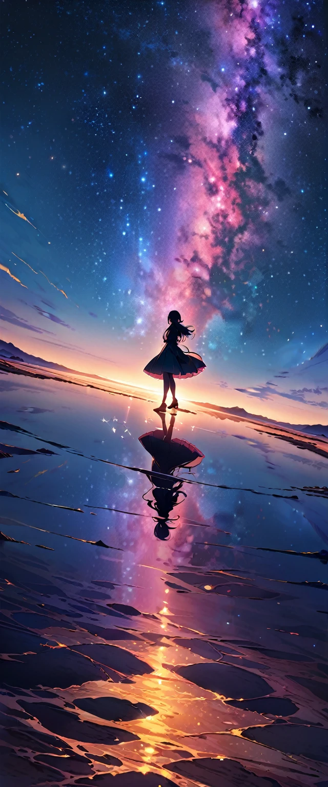 Official Art, Integrated 8K wallpapers, Very detailed,  masterpiece, Best image quality，Ultra Wide Angle，night，woman，Standing by the salt lake，The water is like a mirror，Reflecting the sky。Looking up at the sky，The Milky Way is in the sky，Dynamic Angle, Grace, Bright colors,Dynamic crescent moon