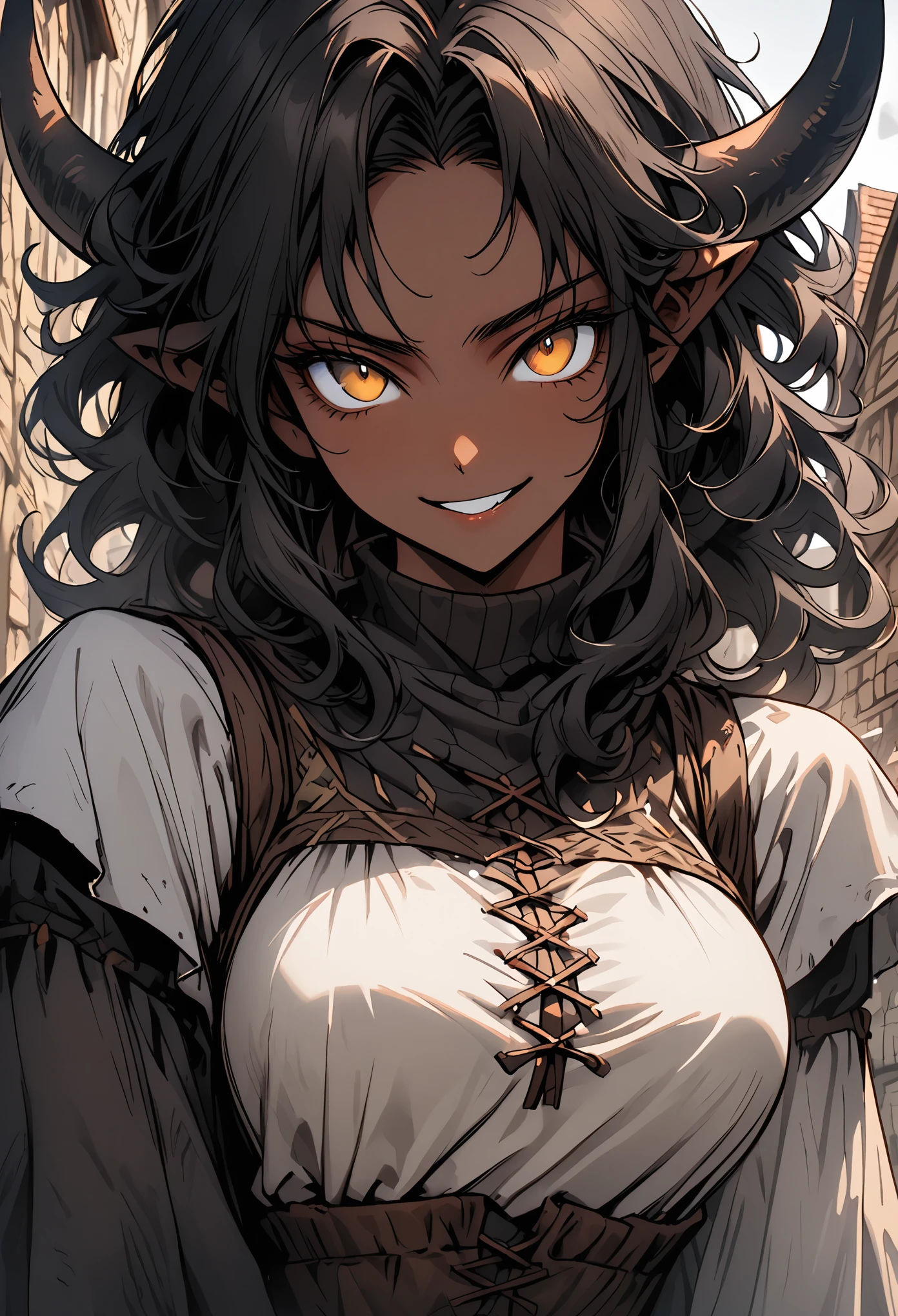 solo, female, close up, warm deep brown skin, muscular, golden eyes, wild hair, black hair, shoulder-length hair, curly hair, broad shoulders, curved black horns, very tall, large breasts, simple tight medieval clothes, shorts, medieval, town, cow tail:1.4, minotaur girl, tomboy, cocky smile, young